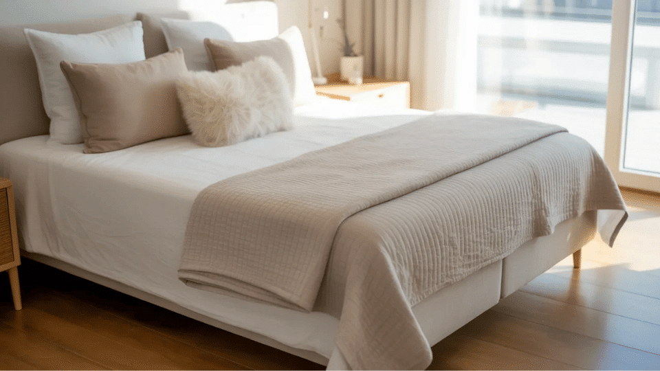 Lightweight coverlet folded at the foot of a neatly made bed with white sheets