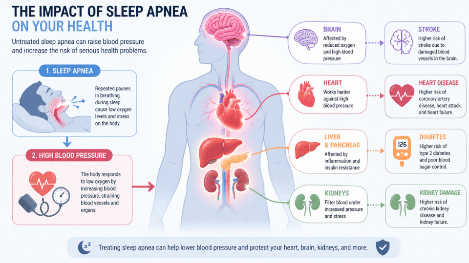llustration showing body organs affected by sleep apnea and high blood pressure