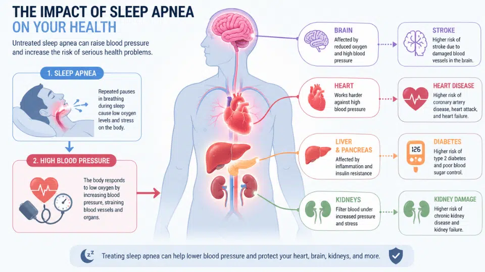 llustration showing body organs affected by sleep apnea and high blood pressure