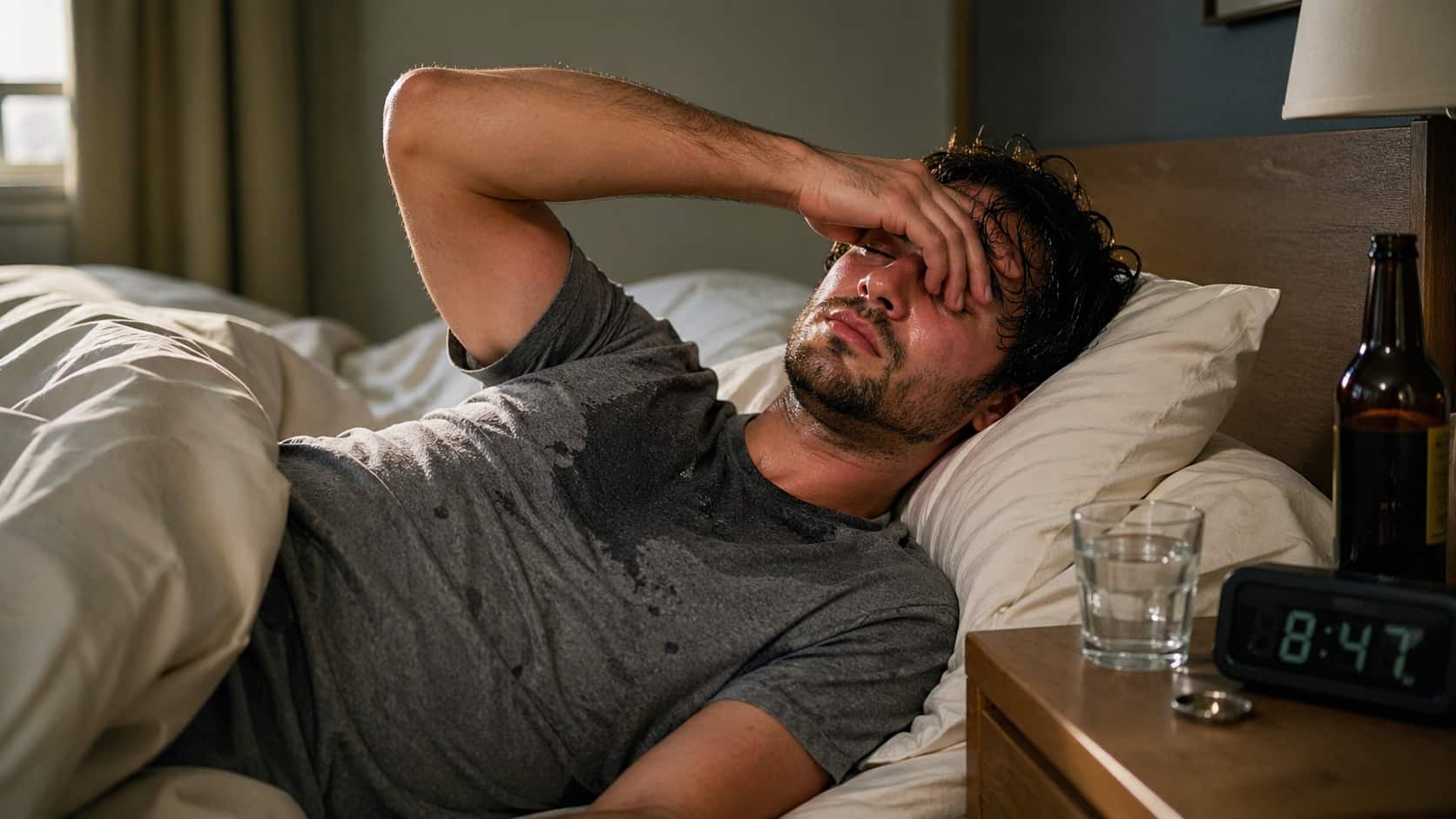 Man lying in bed sweating heavily, hand on forehead, with a beer bottle, glass of water, and alarm clock on the nightstand.