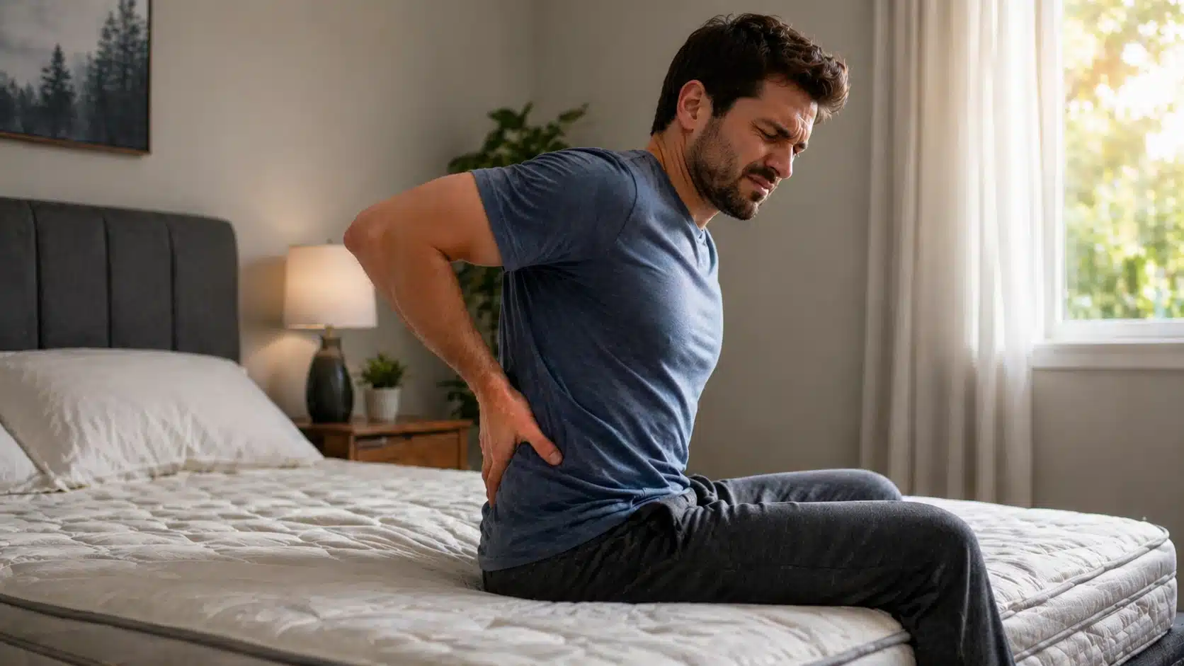 Man sitting on mattress holding lower back in pain