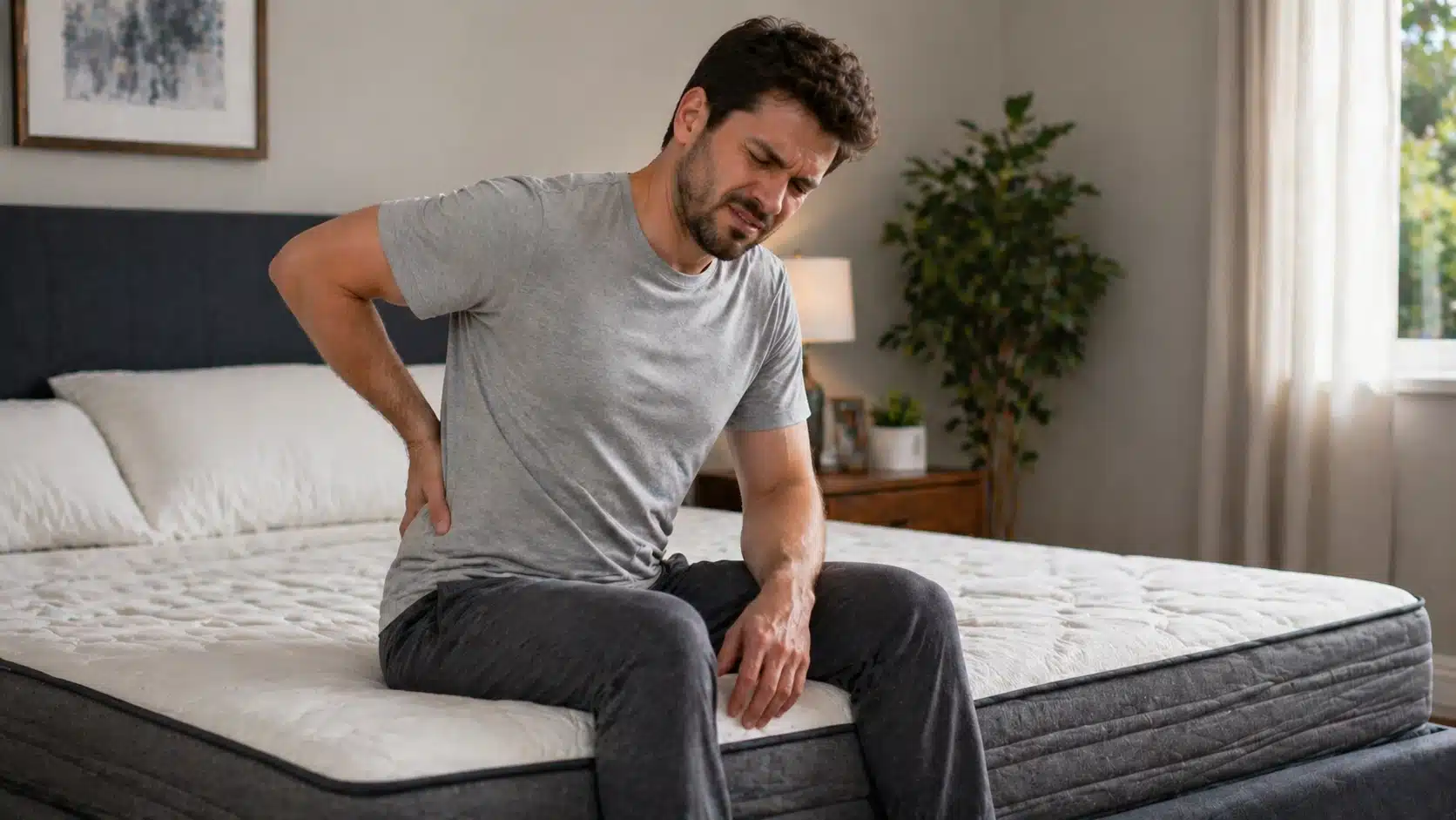 Man sitting on worn mattress holding lower back in pain in bedroom