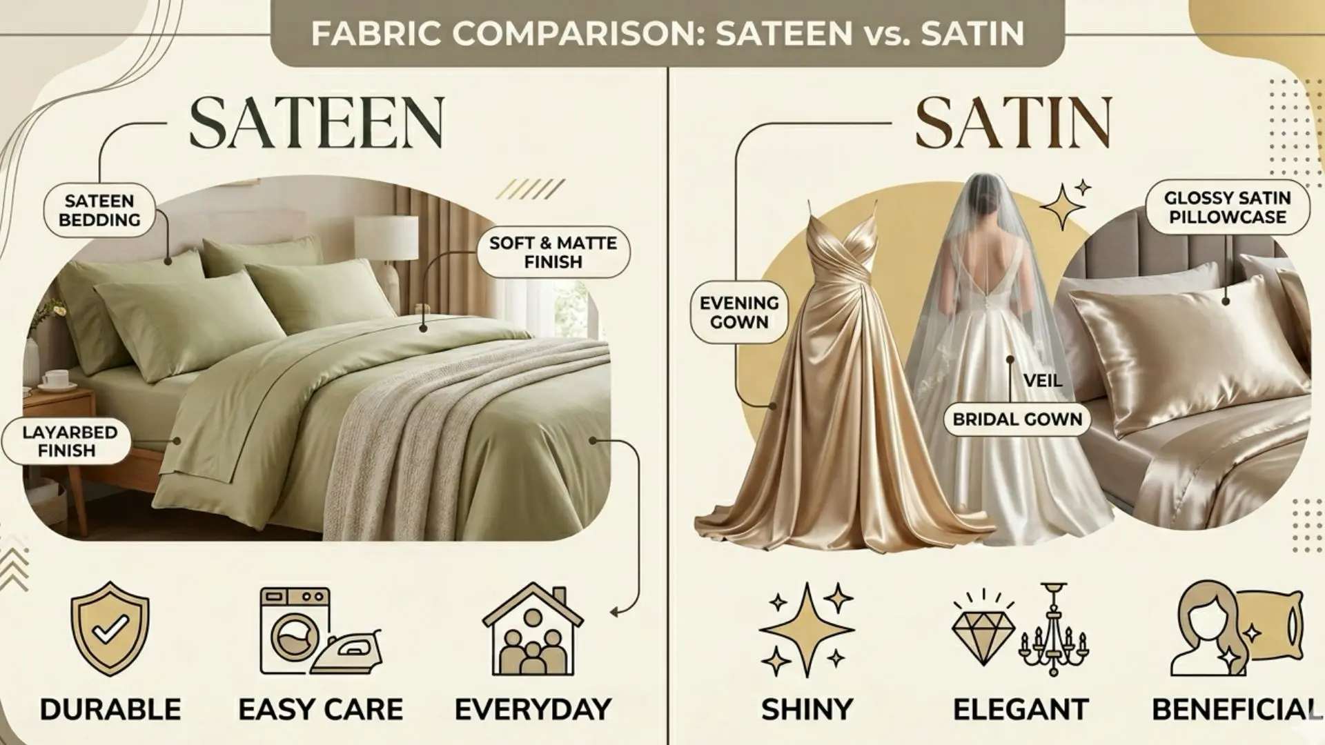 Minimalist infographic comparing sateen and satin uses, with labeled sections for bedding and fashion applications