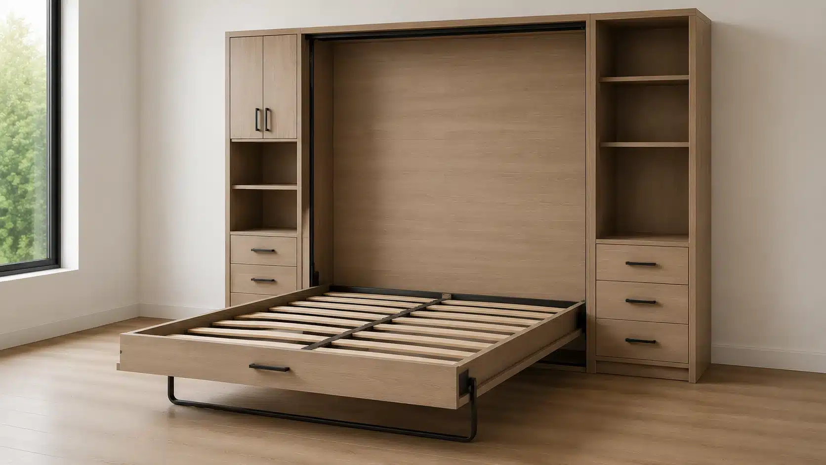 Minimalist room with wall-mounted bed system