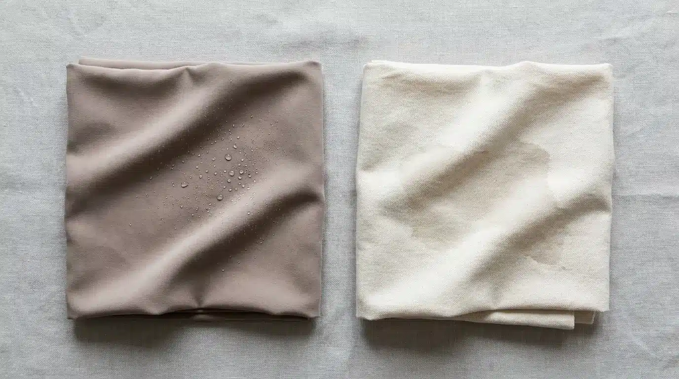 Modal and cotton fabrics side by side showing smooth quick-dry modal and textured absorbent cotton