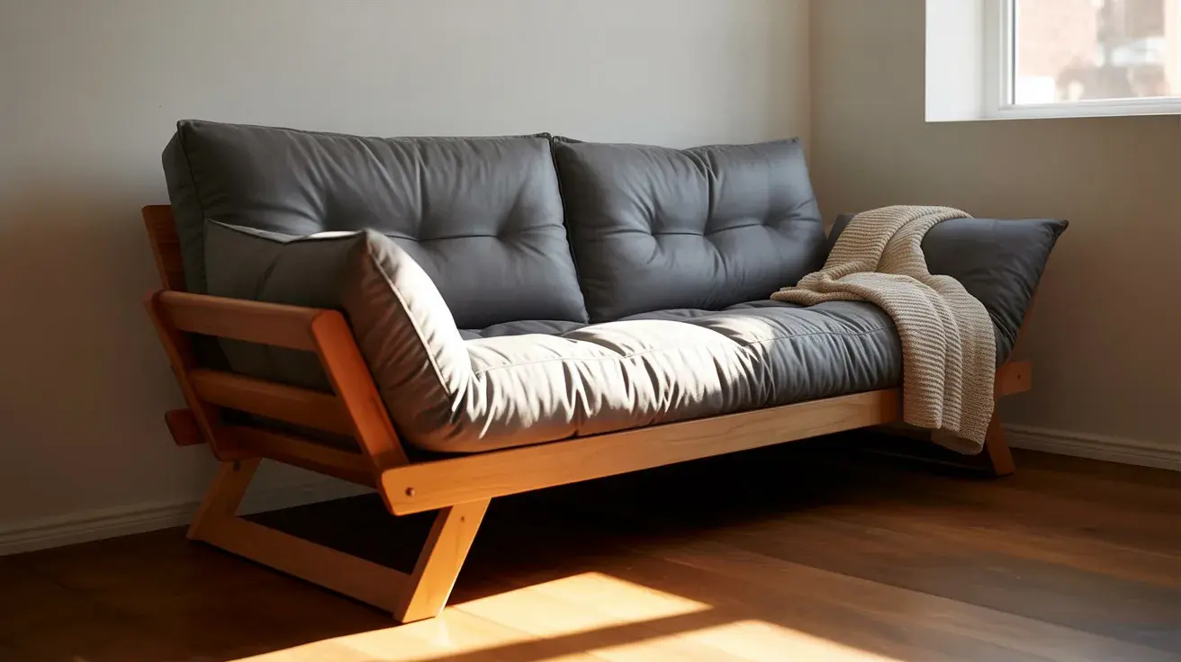 Modern futon mattress on a wooden frame sofa placed in a minimalist living room with natural light