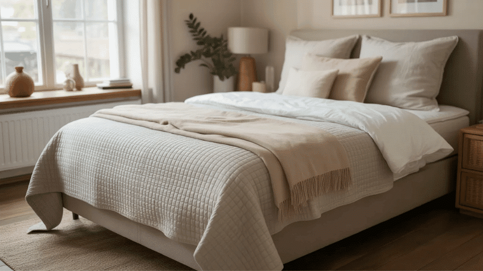 Neutral coverlet folded at the foot of a styled bed with layered bedding