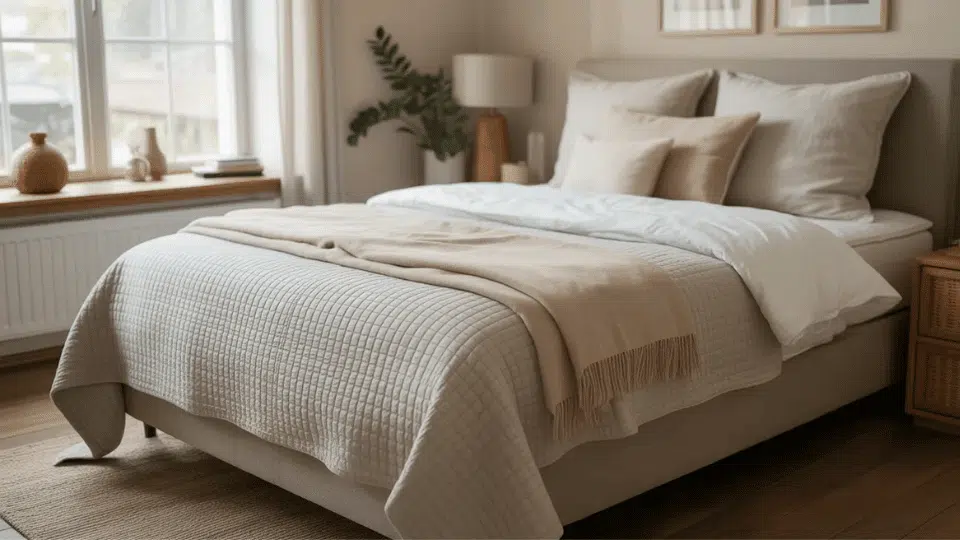 Neutral coverlet folded at the foot of a styled bed with layered bedding