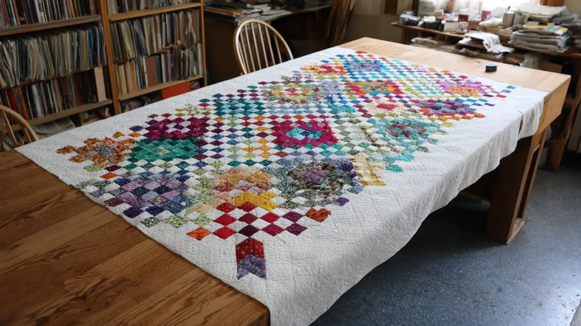 Nine-patch Irish Chain quilt blocks arranged with plain squares on a worktable