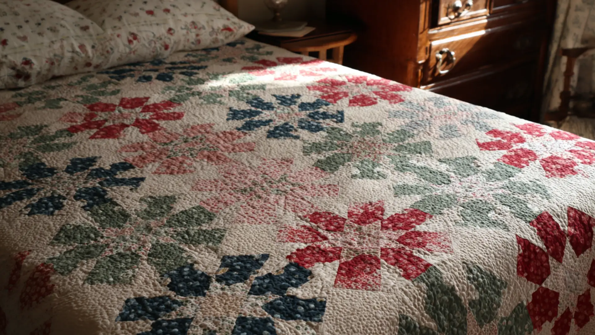 Ohio Star and Irish Chain hybrid quilt displayed flat in a cozy sewing room