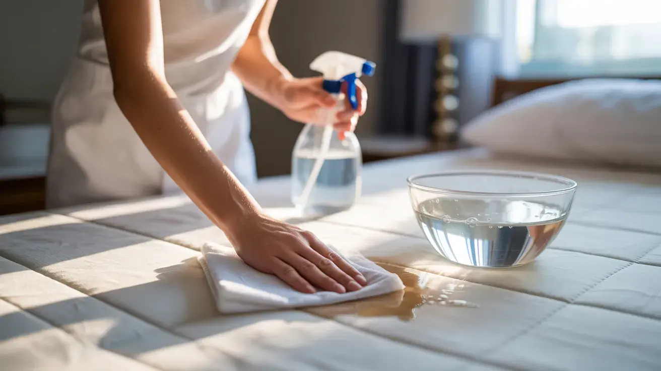 Person gently blotting a mattress stain with a cloth while using a spray bottle and water in a sunlit bedroom