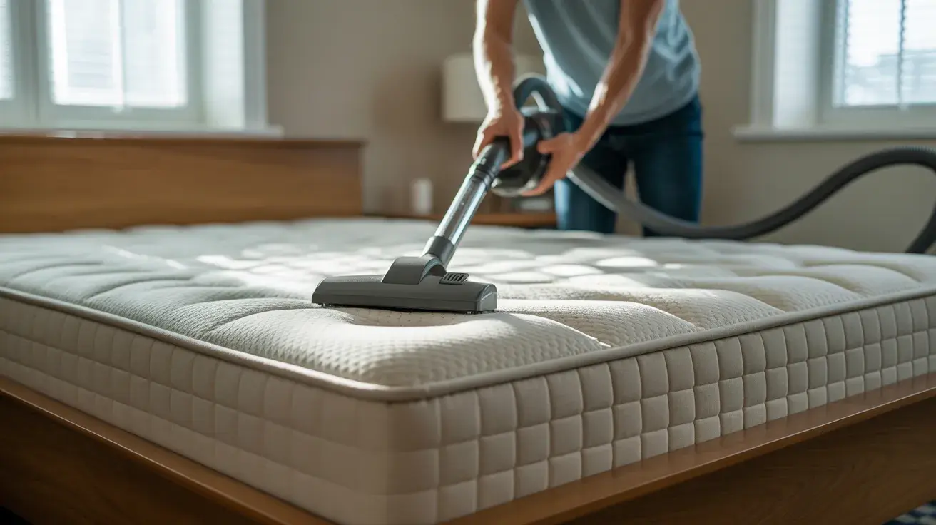 Person vacuuming a bare mattress using an upholstery attachment in a naturally lit bedroom.
