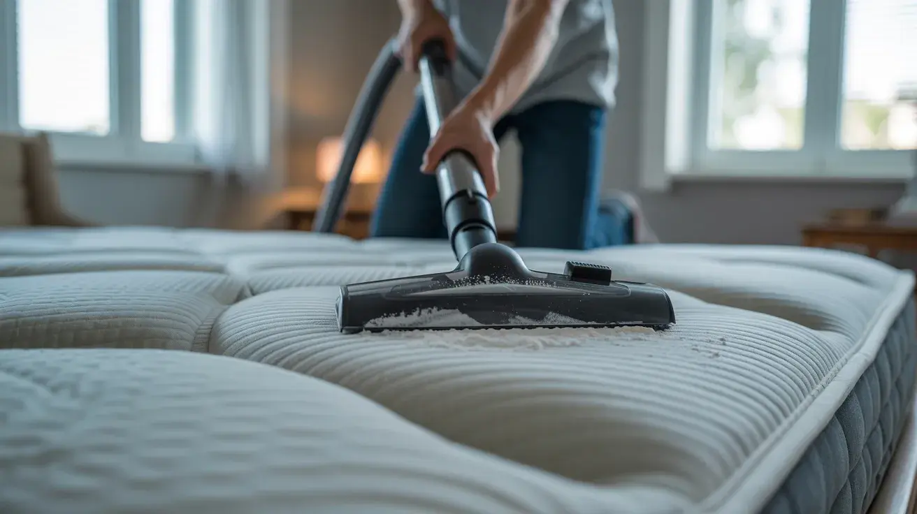 Person vacuuming baking soda from a mattress surface in a softly lit bedroom