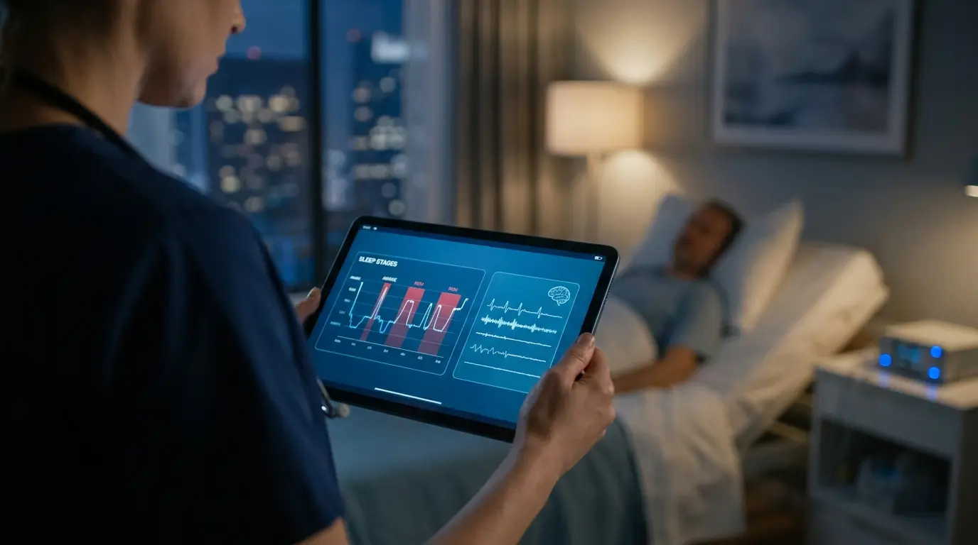 Sleep disorder diagnosis illustration with doctor reviewing sleep data