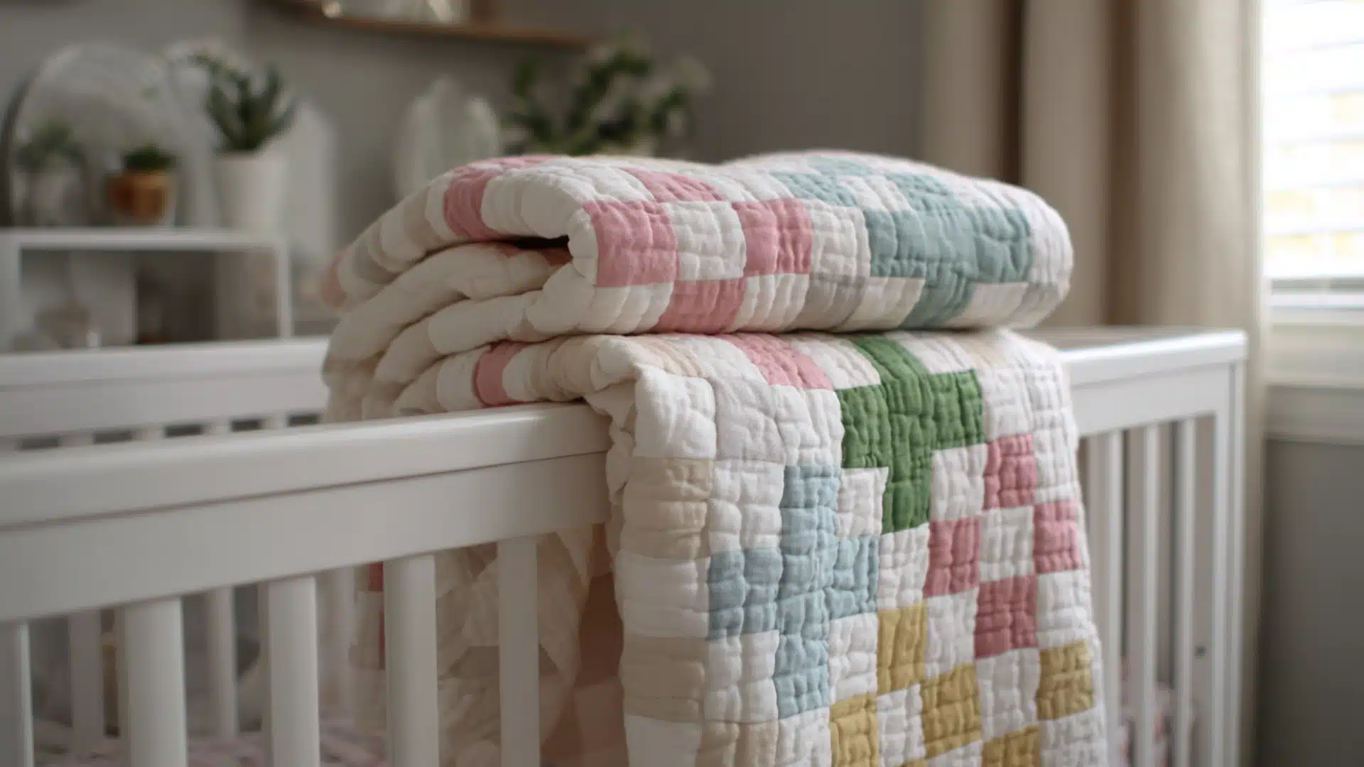 Small crib size Irish Chain quilt folded neatly in a light nursery room scene