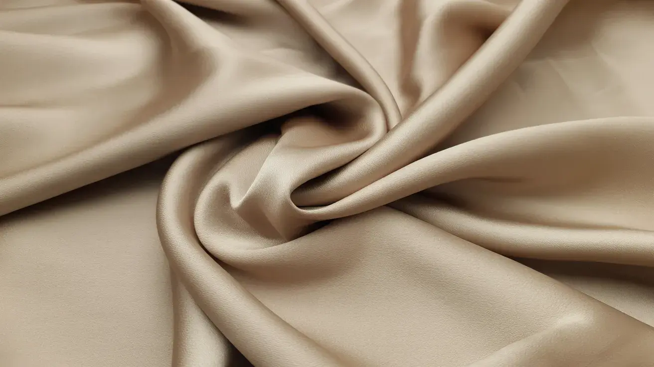 Smooth beige sateen fabric with soft drape and subtle sheen forming gentle folds