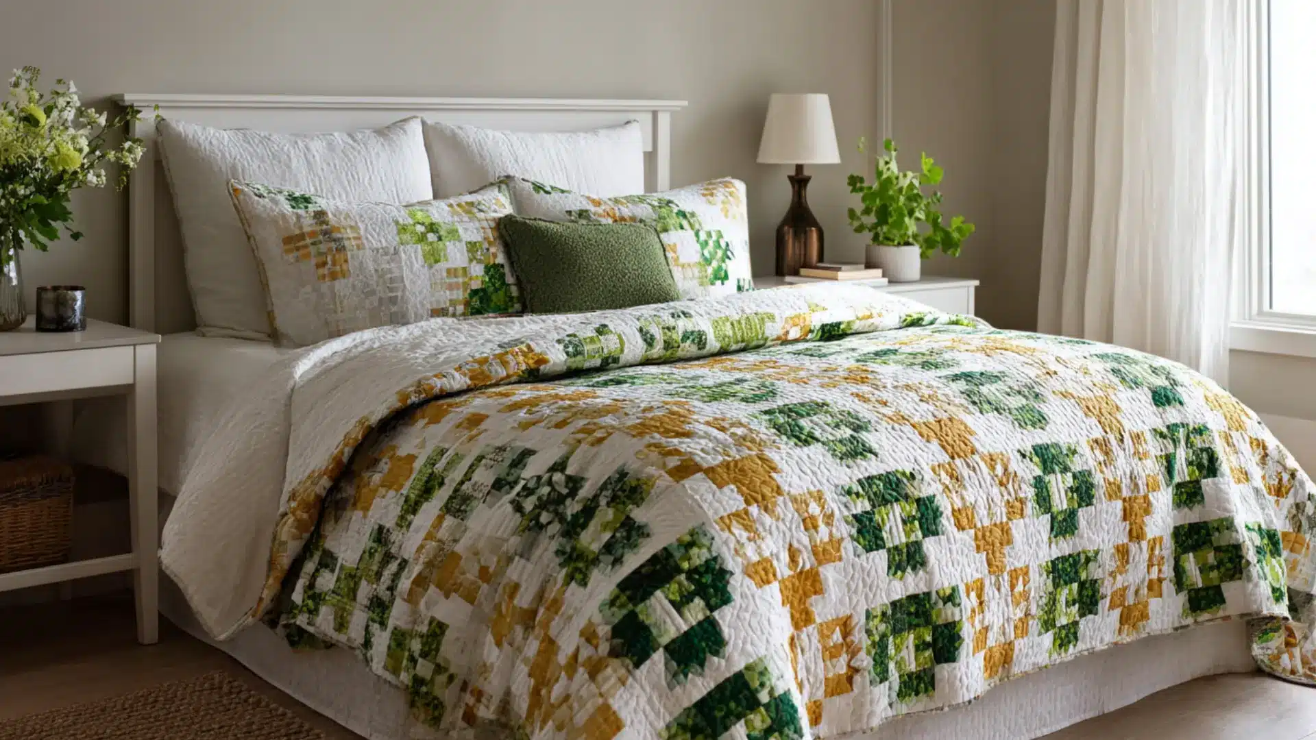 St Patrick themed Irish Chain quilt with green white and gold on a bed