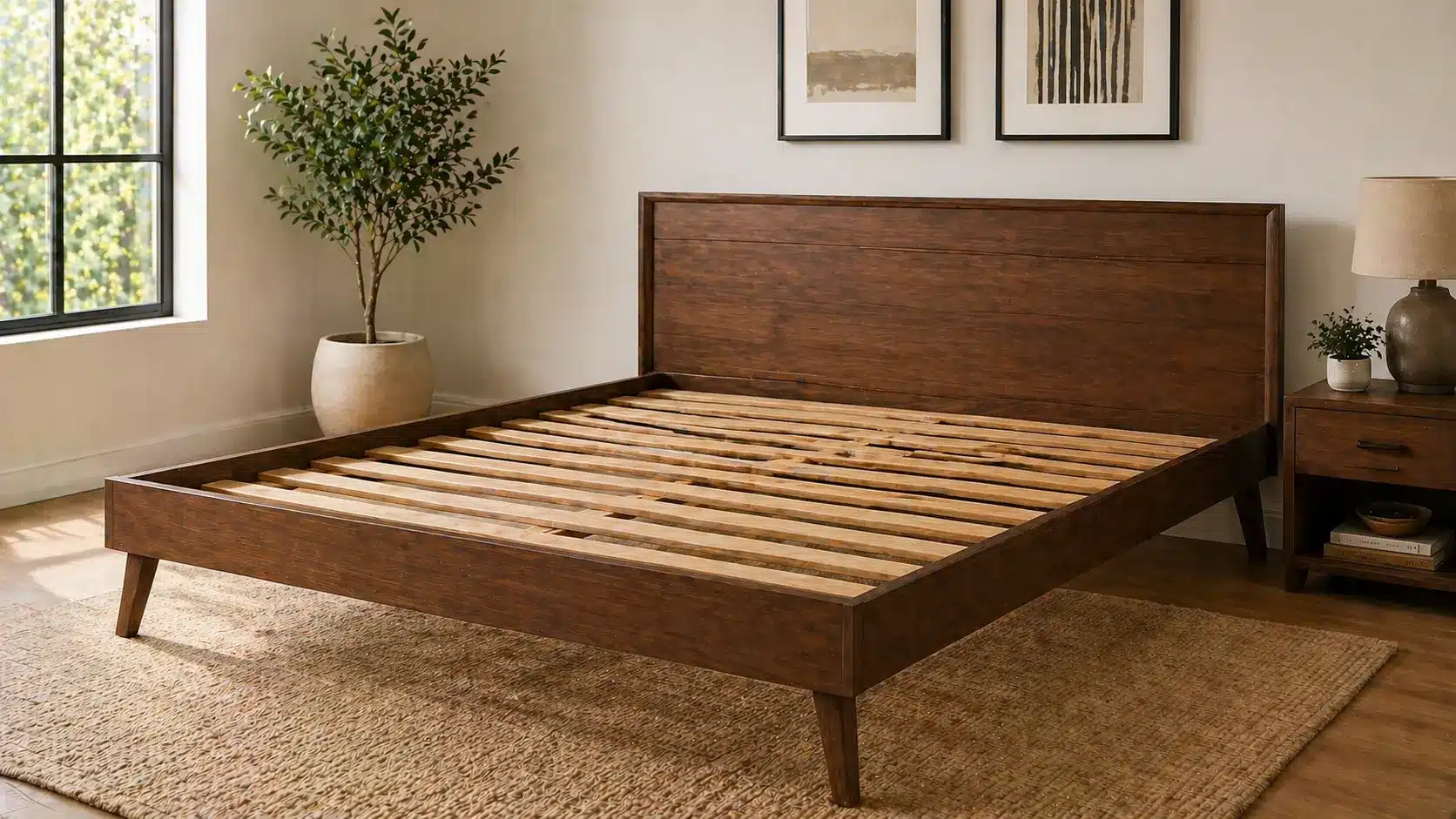 wooden bed frame with slatted base in a minimalist bedroom