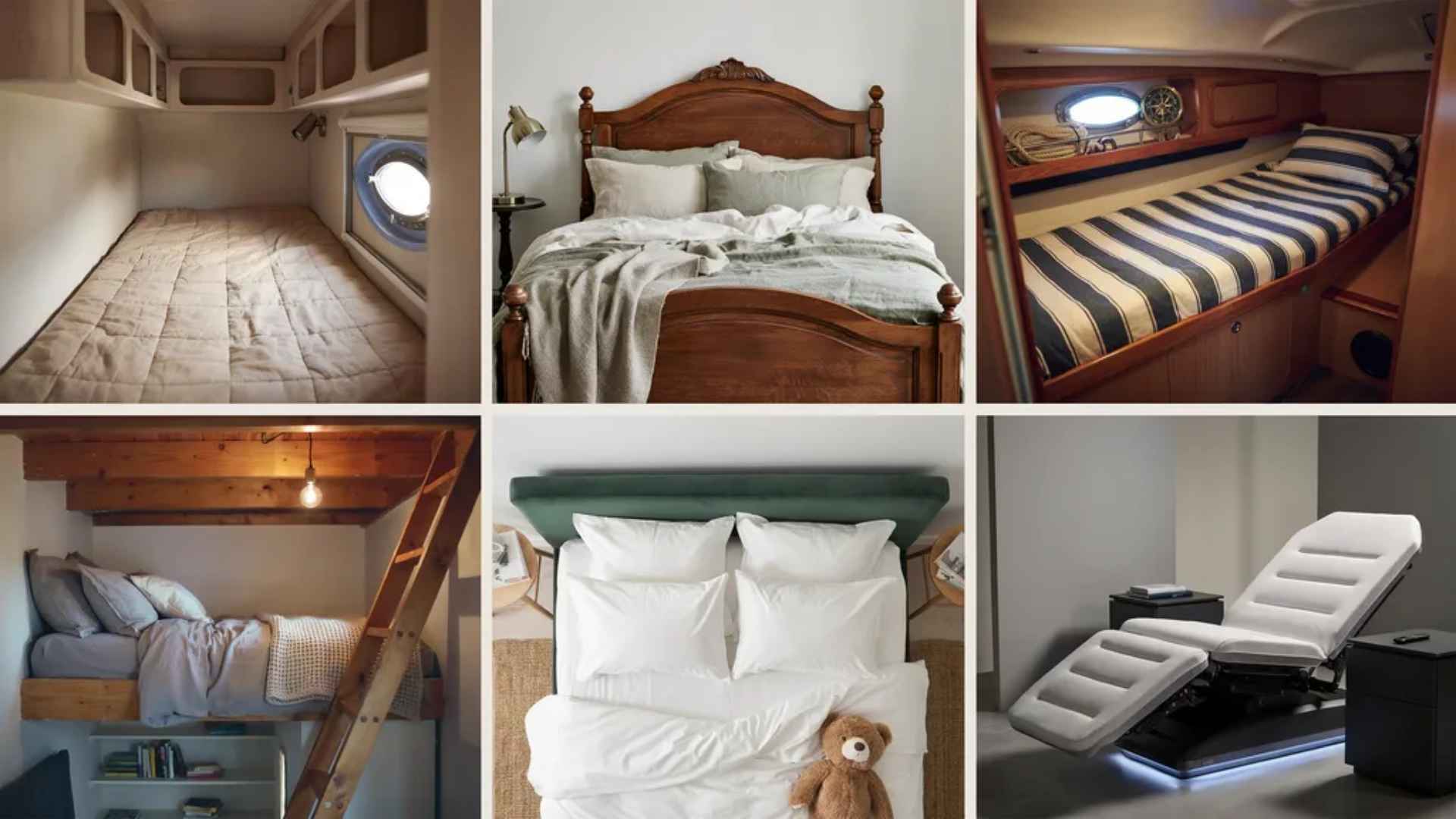 Six different sleeping spaces that require custom mattress sizes including RV, antique frame, boat berth, and adjustable base