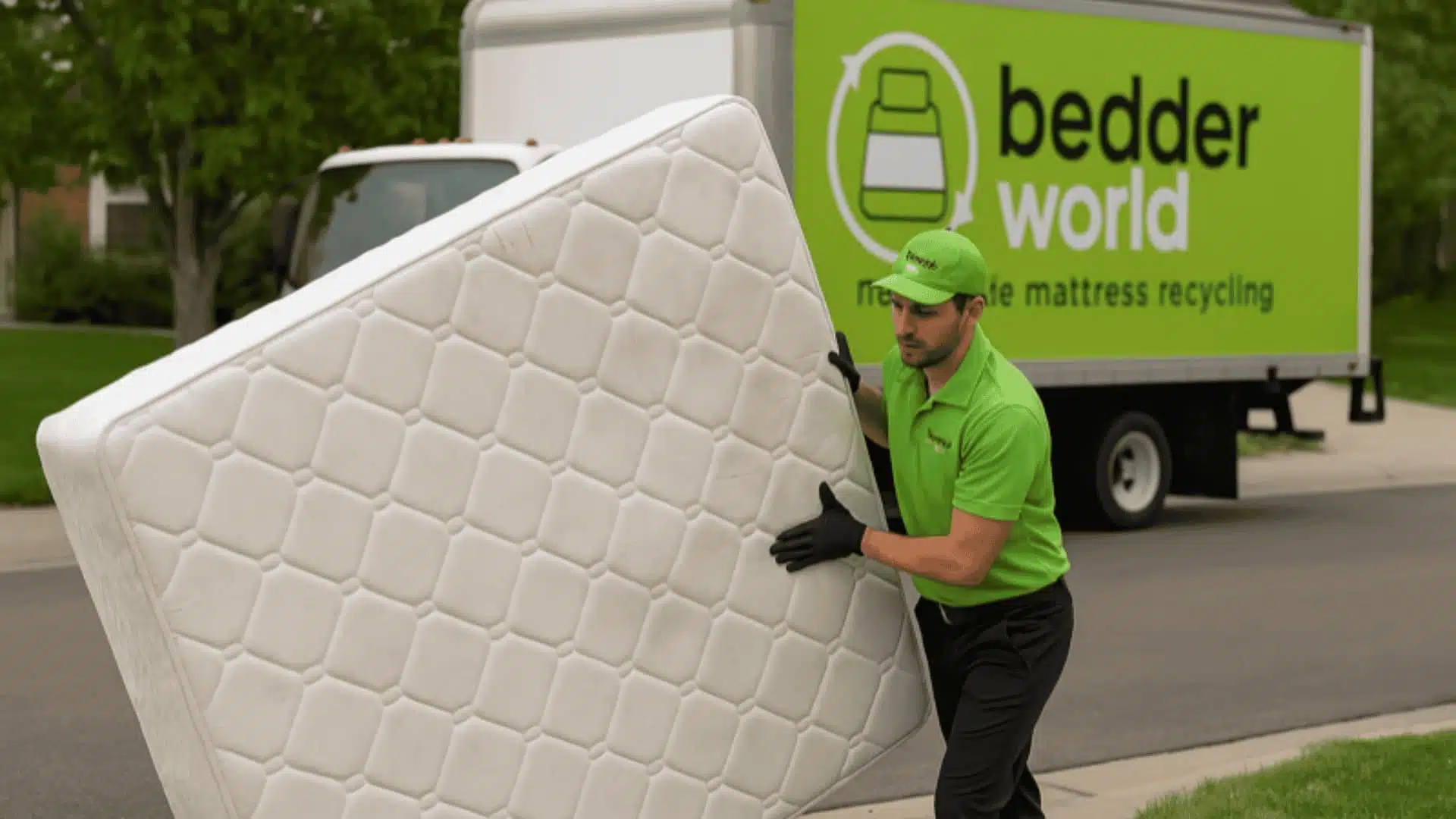 Bedder World worker lifting a mattress beside a recycling truck on a residential street.