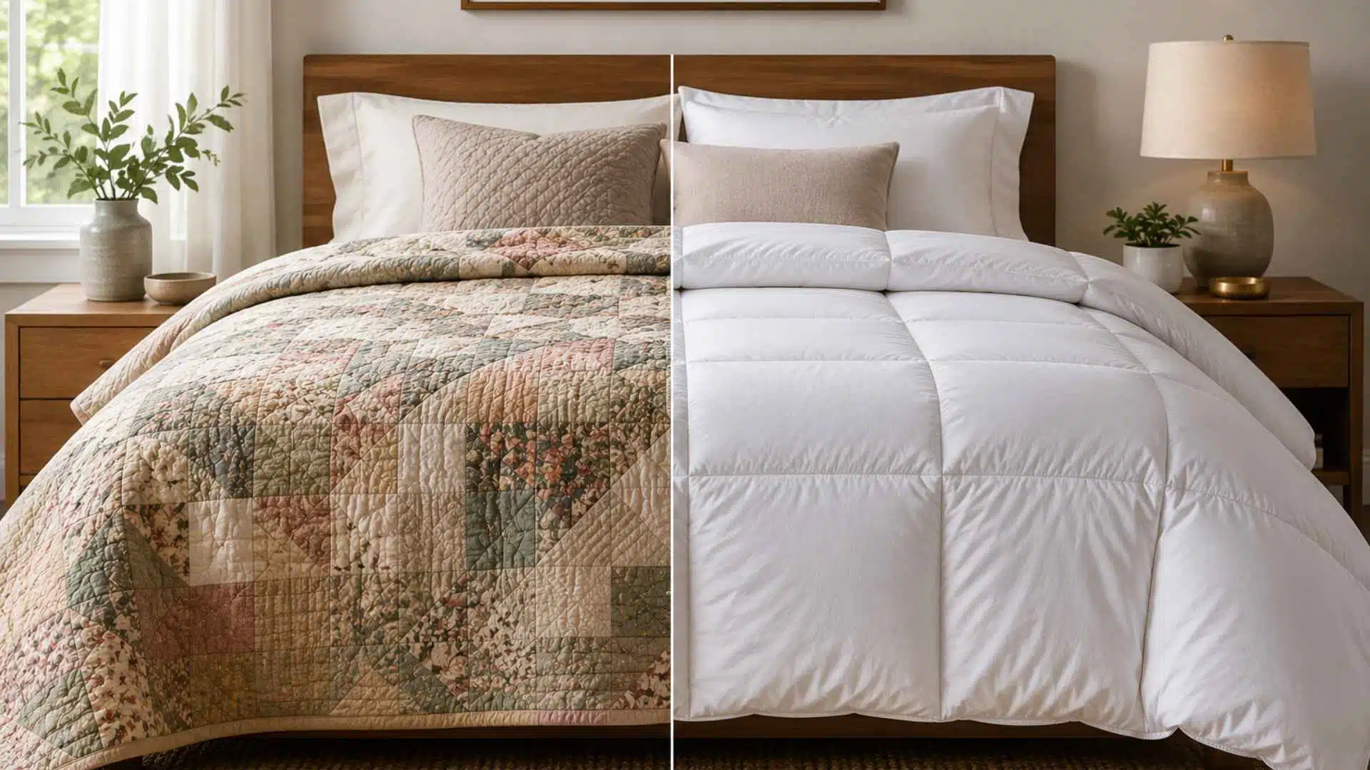 Quilt vs comforter side-by-side comparison showing a flat patchwork quilt and a fluffy white comforter on bedroom beds.