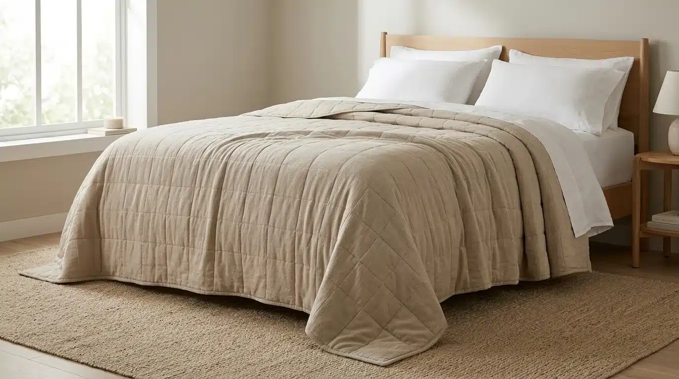 A beige quilted blanket draped over a wooden bed in a bright, minimalist bedroom.