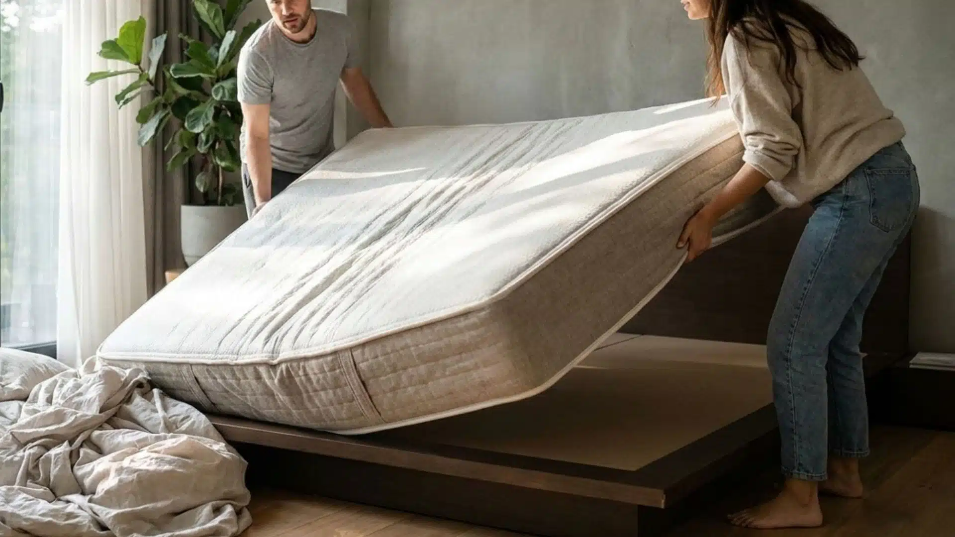 A couple lifting and rotating a mattress together on a wooden bed frame, with bedding piled on the floor nearby.
