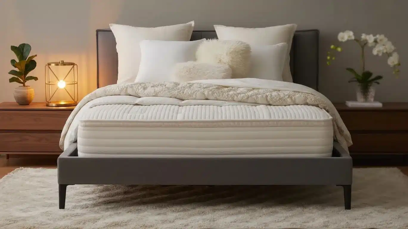 A modern bedroom with a gray upholstered platform bed, thick white ribbed mattress, layered white bedding and pillows, flanked by wooden nightstands with plants and a lit lamp, on a white rug.