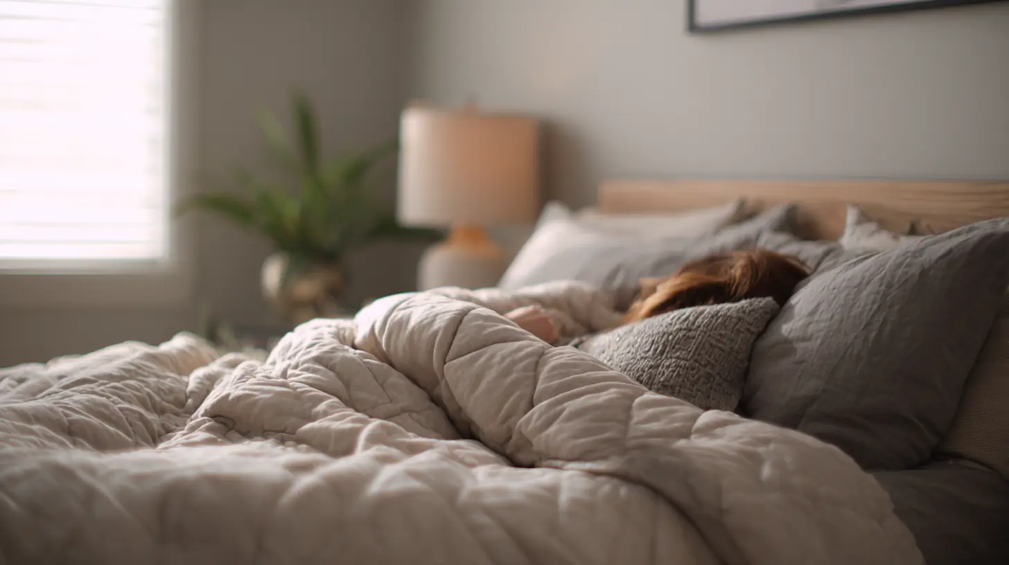 A peaceful bedroom scene with a person resting under a soft, cozy weighted blanket, surrounded by neutral-toned pillows and natural light.