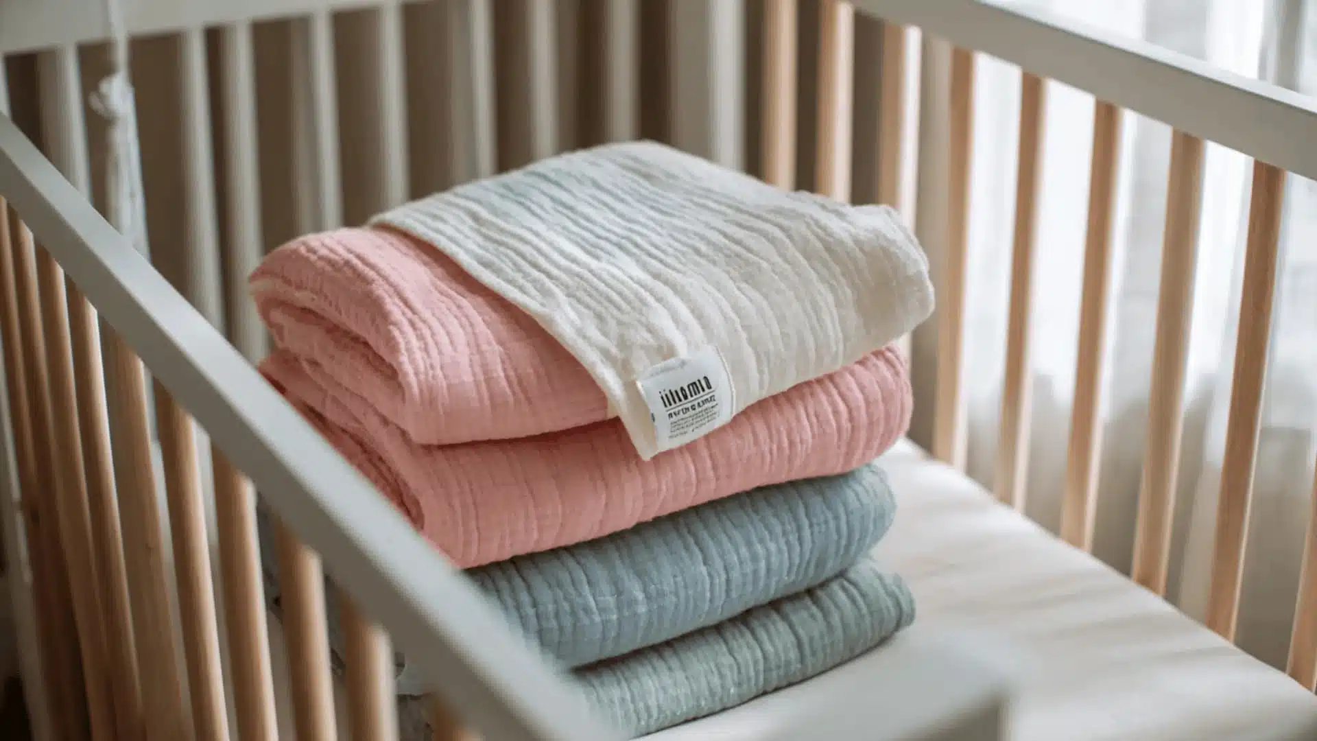A stack of soft crib-sized blankets in pastel pink, blue, and white colors, neatly folded on a crib mattress