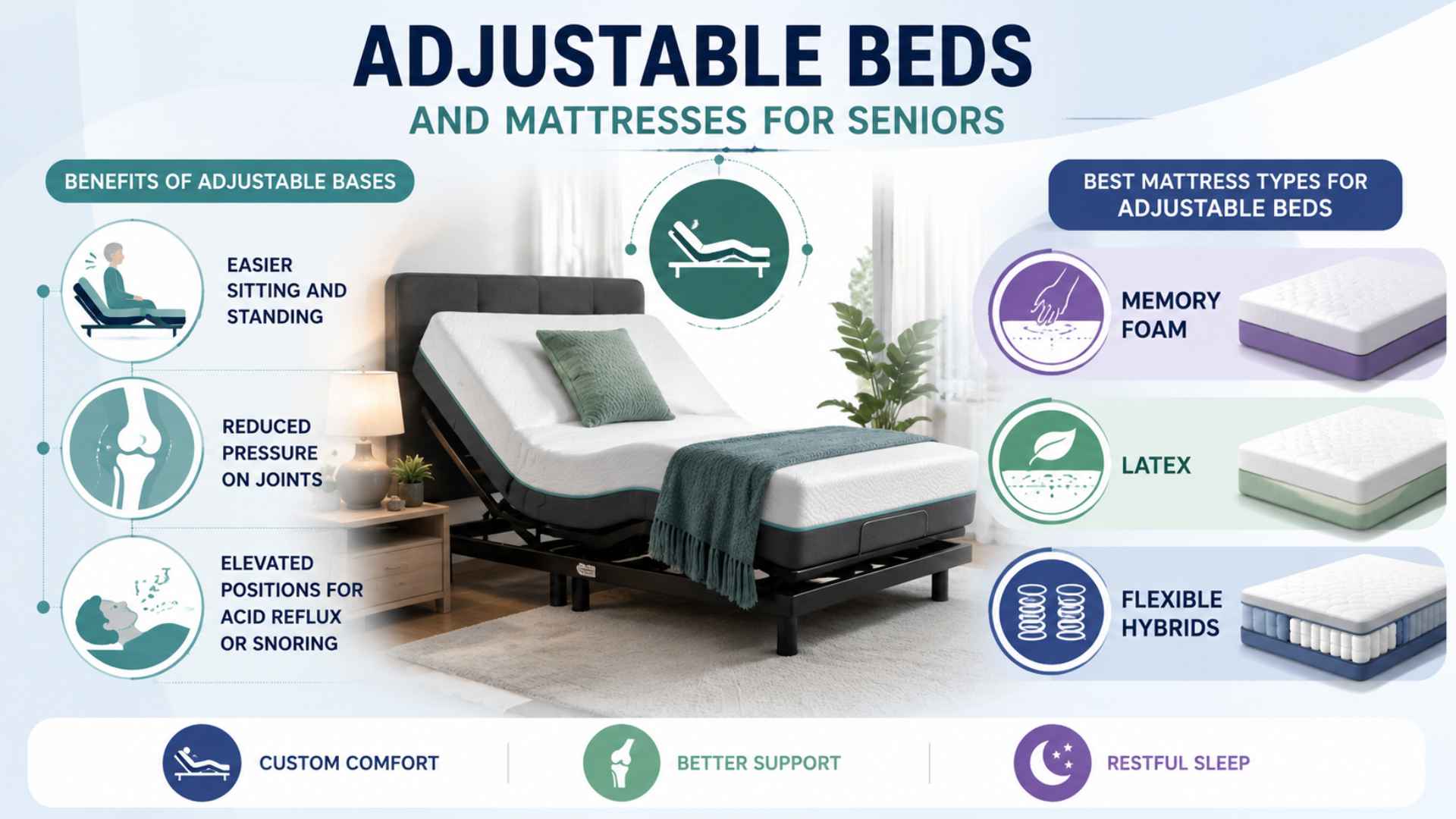 Infographic showing adjustable beds for seniors with benefits like joint relief, easier movement, and flexible mattress types.