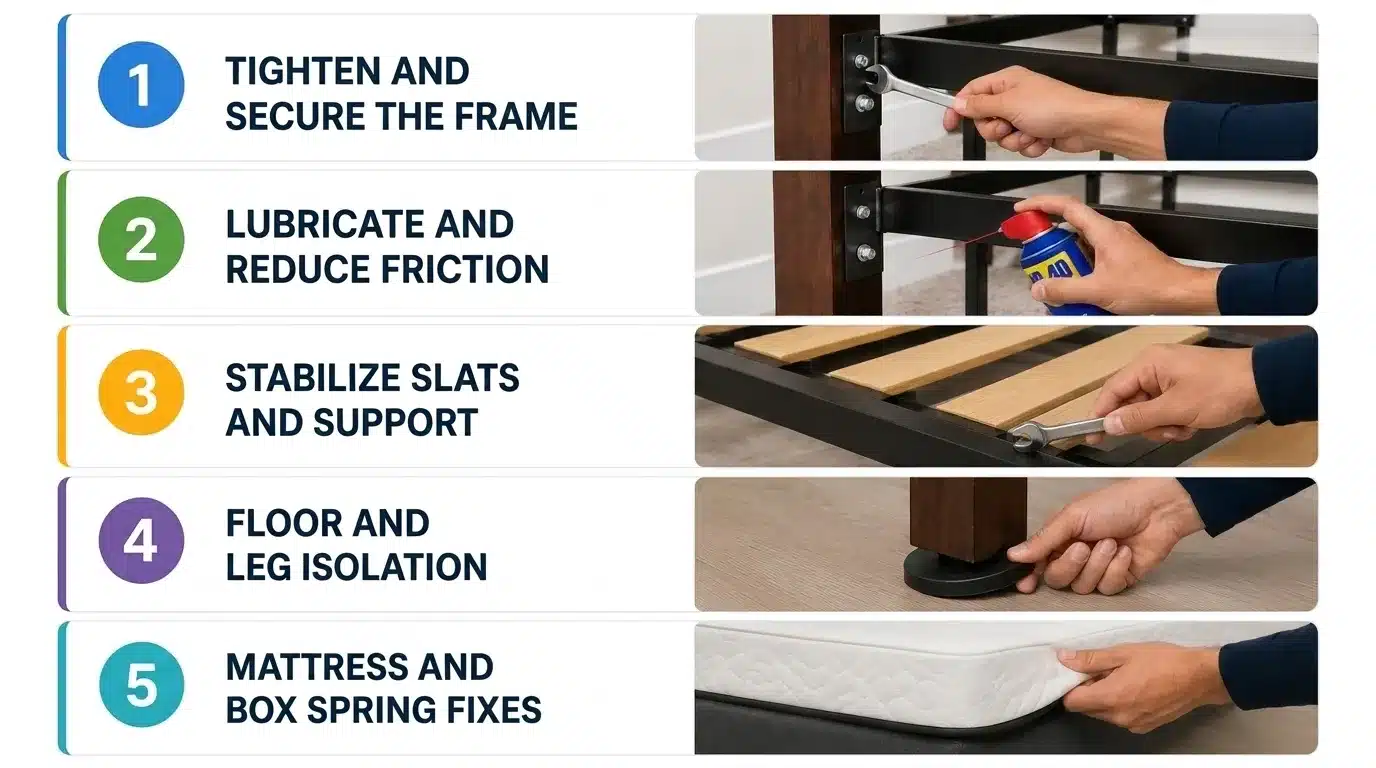 An infographic showing five steps to fix a squeaky bed frame with illustrative images.