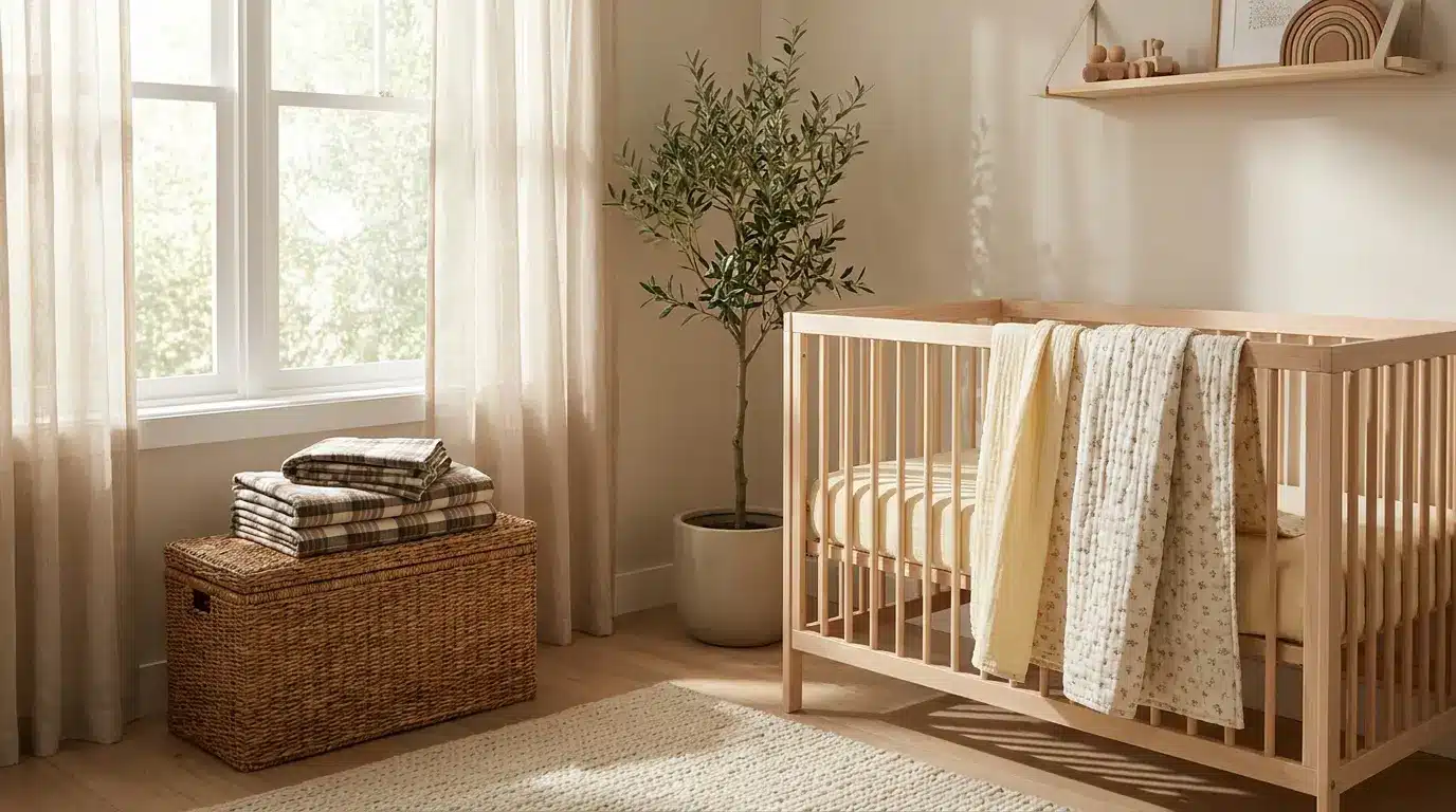 Baby crib with breathable summer sheets and cozy flannel bedding