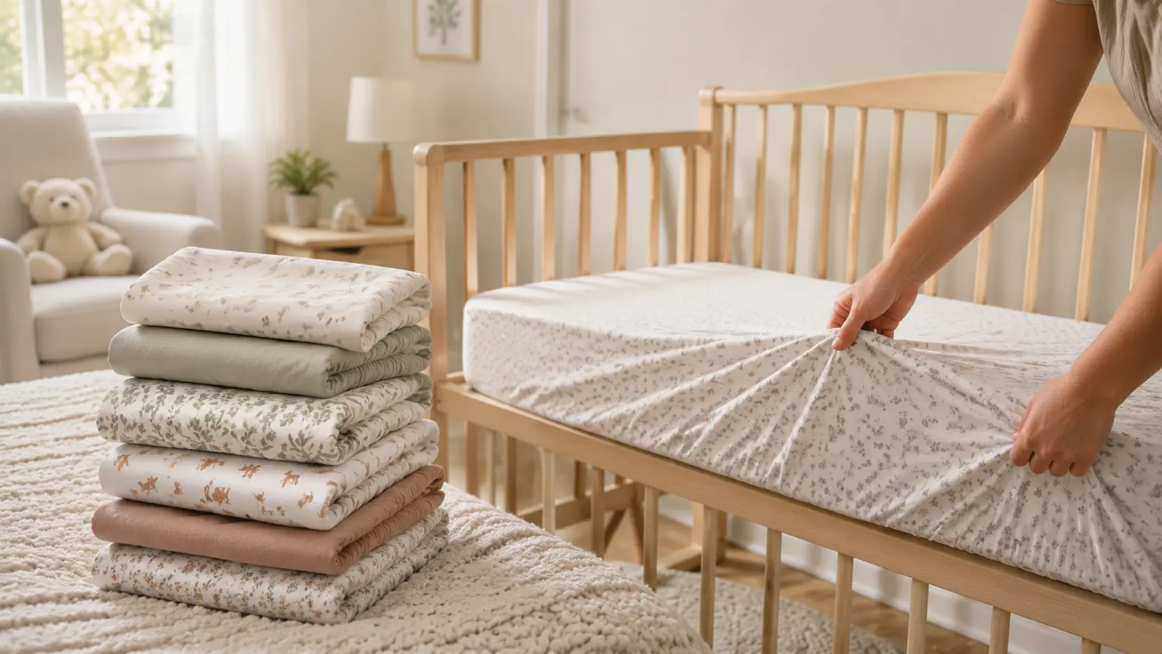 Baby crib with multiple fitted crib sheets in a cozy modern nursery