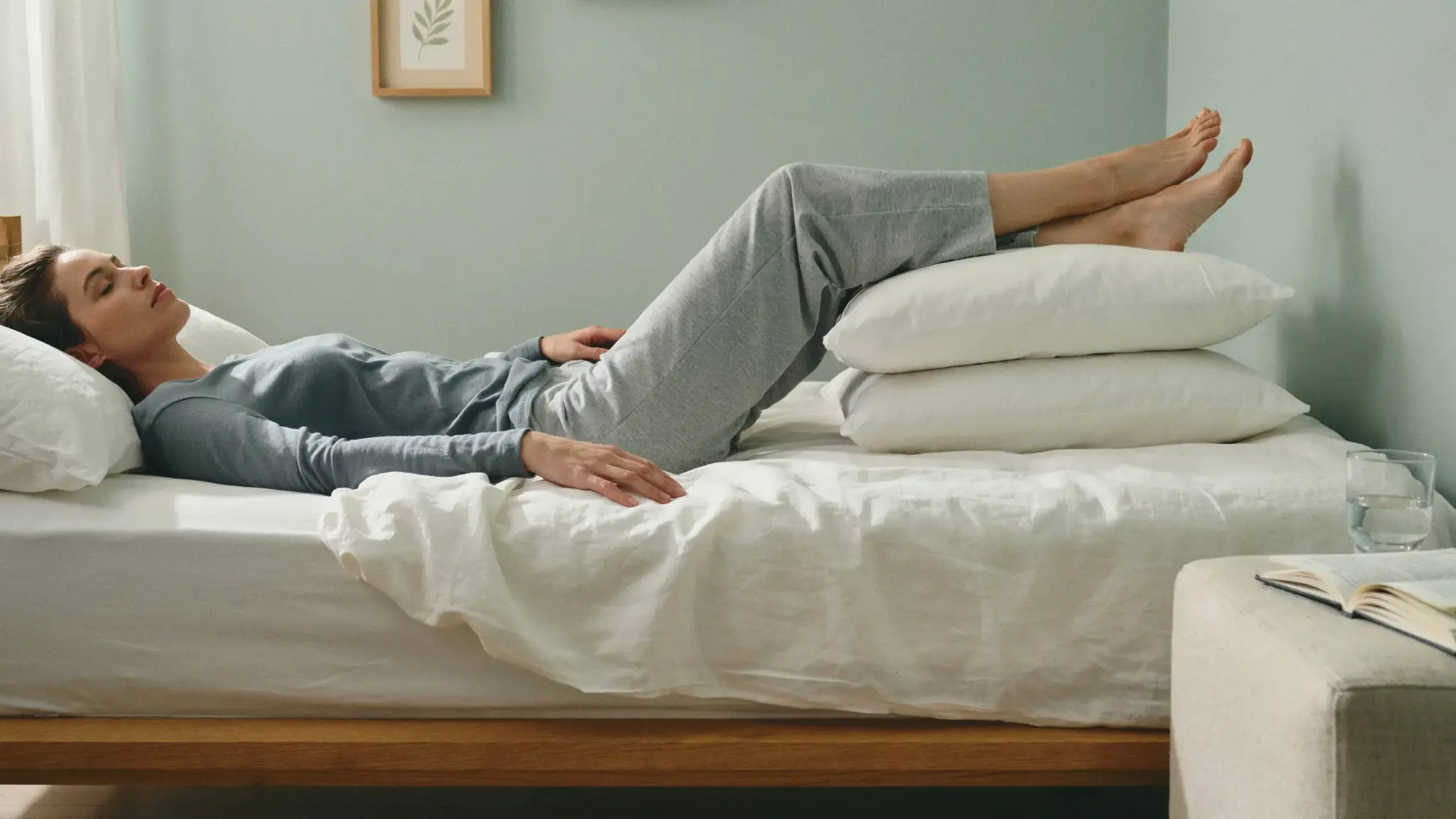 Person lying on back in bed with pillow under knees to support IT band pain relief and spinal alignment.