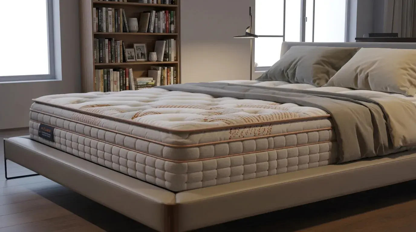 Bear Elite Hybrid mattress on bed showing quilted top, copper accents, and zoned support.