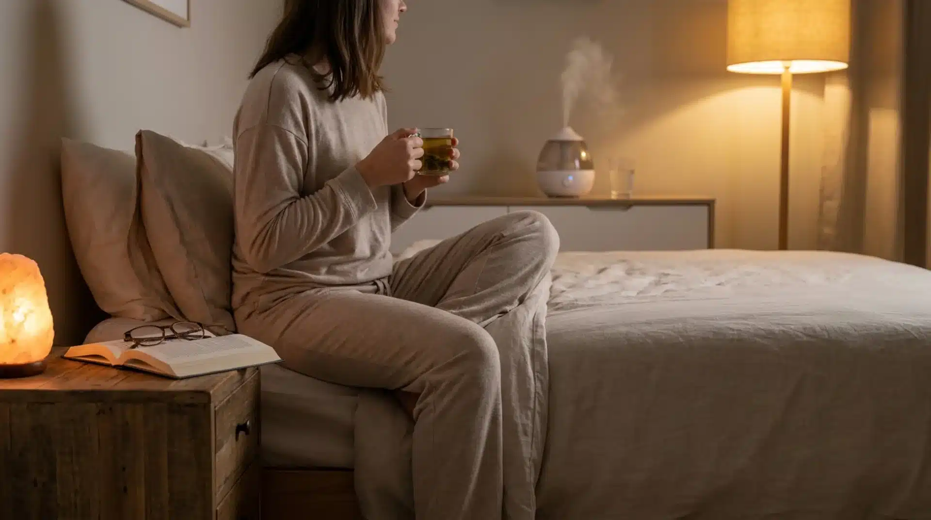 A woman in pajamas sits on a bed holding a mug of tea in a cozy, warm-lit bedroom near a running humidifier.