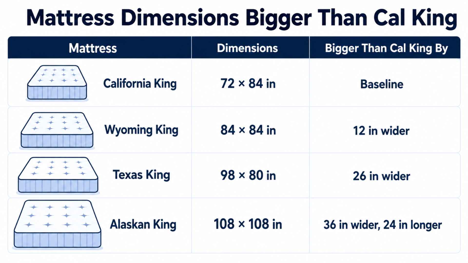 Table comparing mattresses bigger than California King with dimensions and size differences