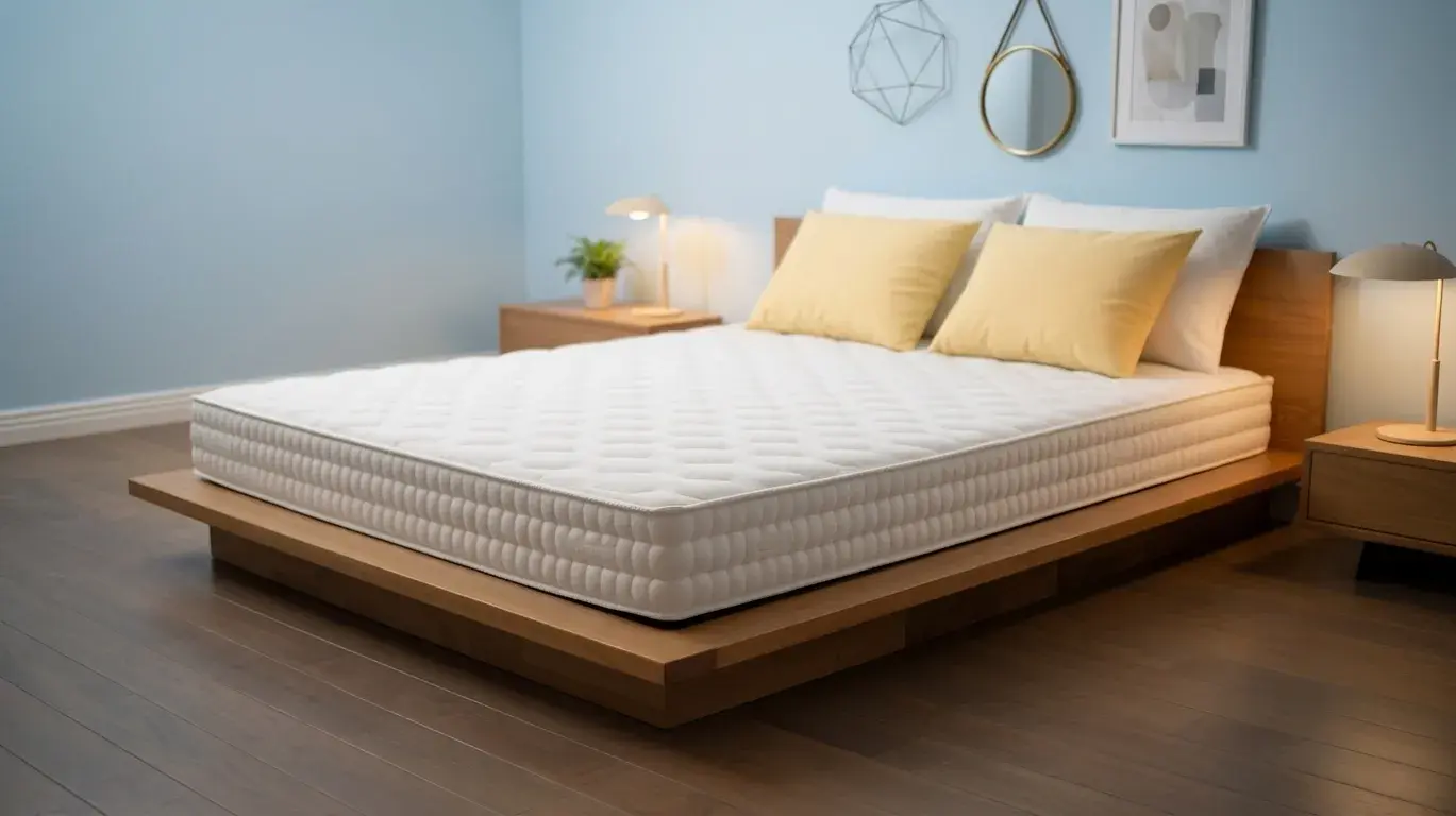 Birch Natural mattress on diagonally positioned platform bed with gray walls and orange pillows