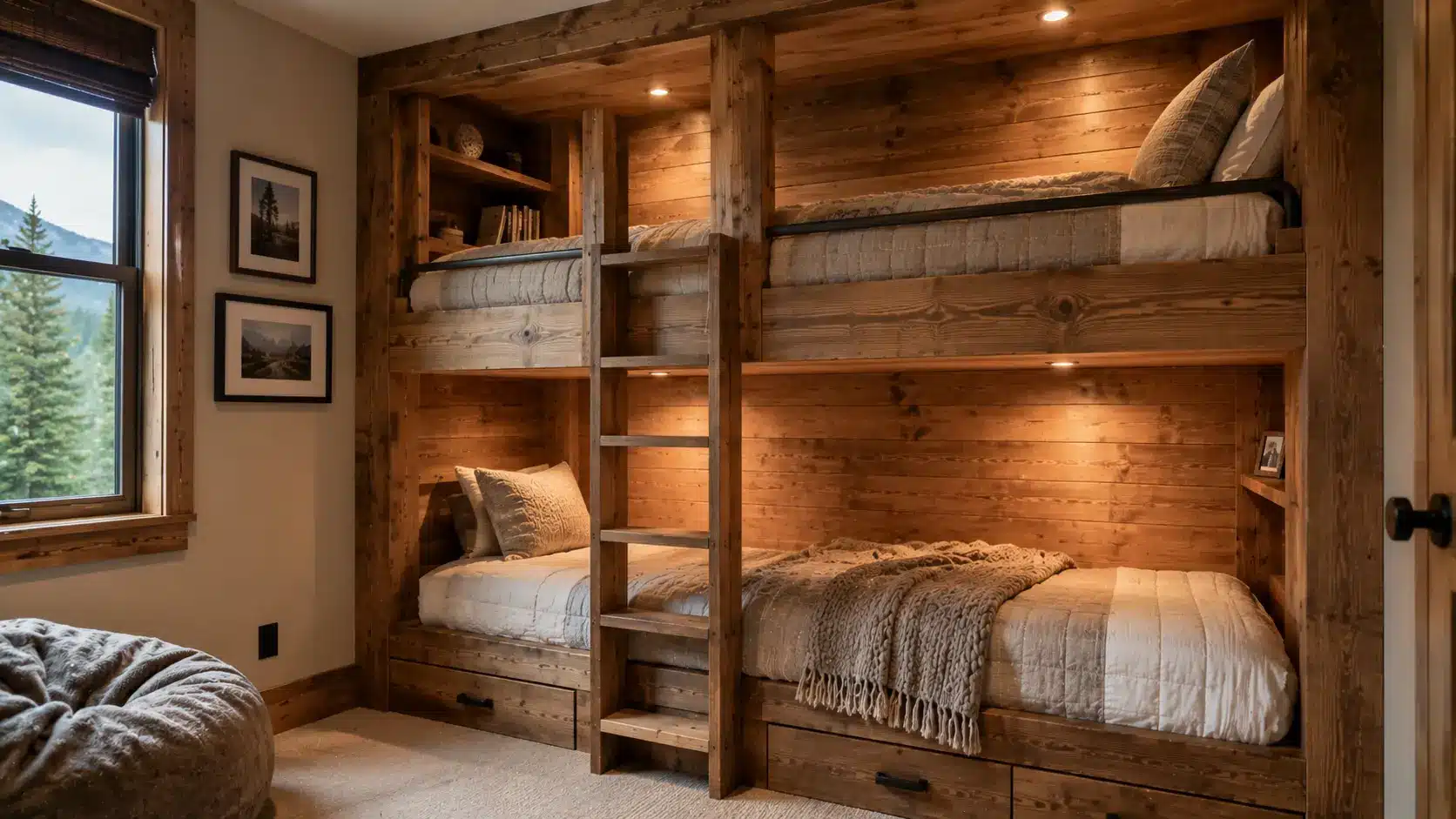 Built-in wooden bunk beds attached to a bedroom wall