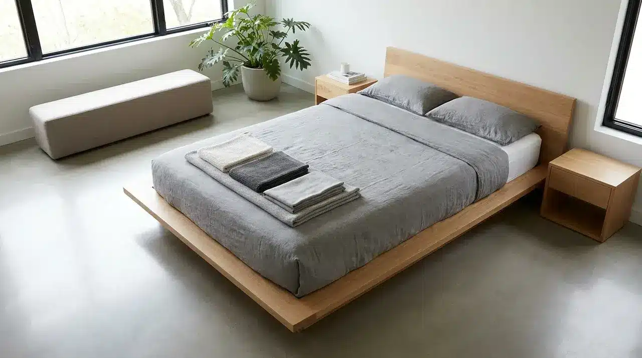 California King mattress in a modern open bedroom with long spacious layout and neutral decor