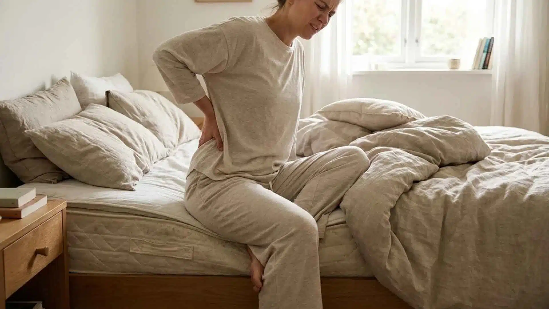 Woman sitting on bed, holding lower back in discomfort, indicating pain in lumbar region