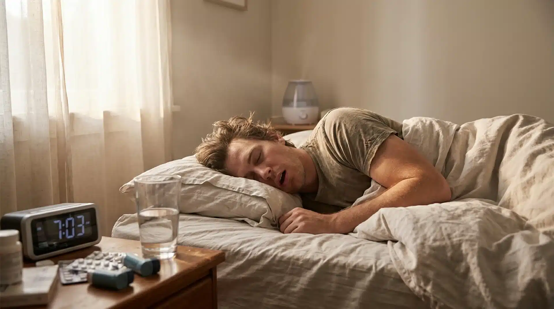 A man sleeps with his mouth open in bed next to a nightstand holding water and medicine under a humidifier.