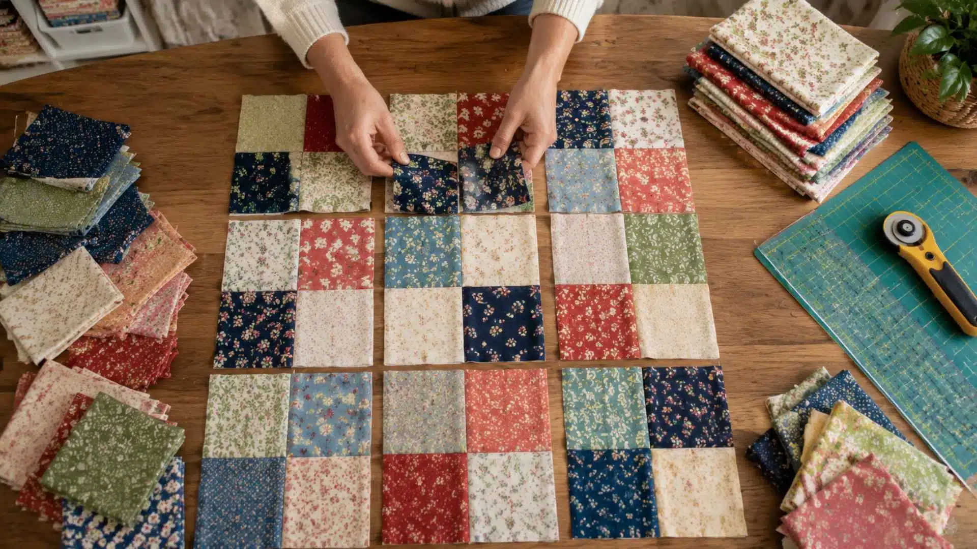 Top view arranging fabric squares in quilt pattern