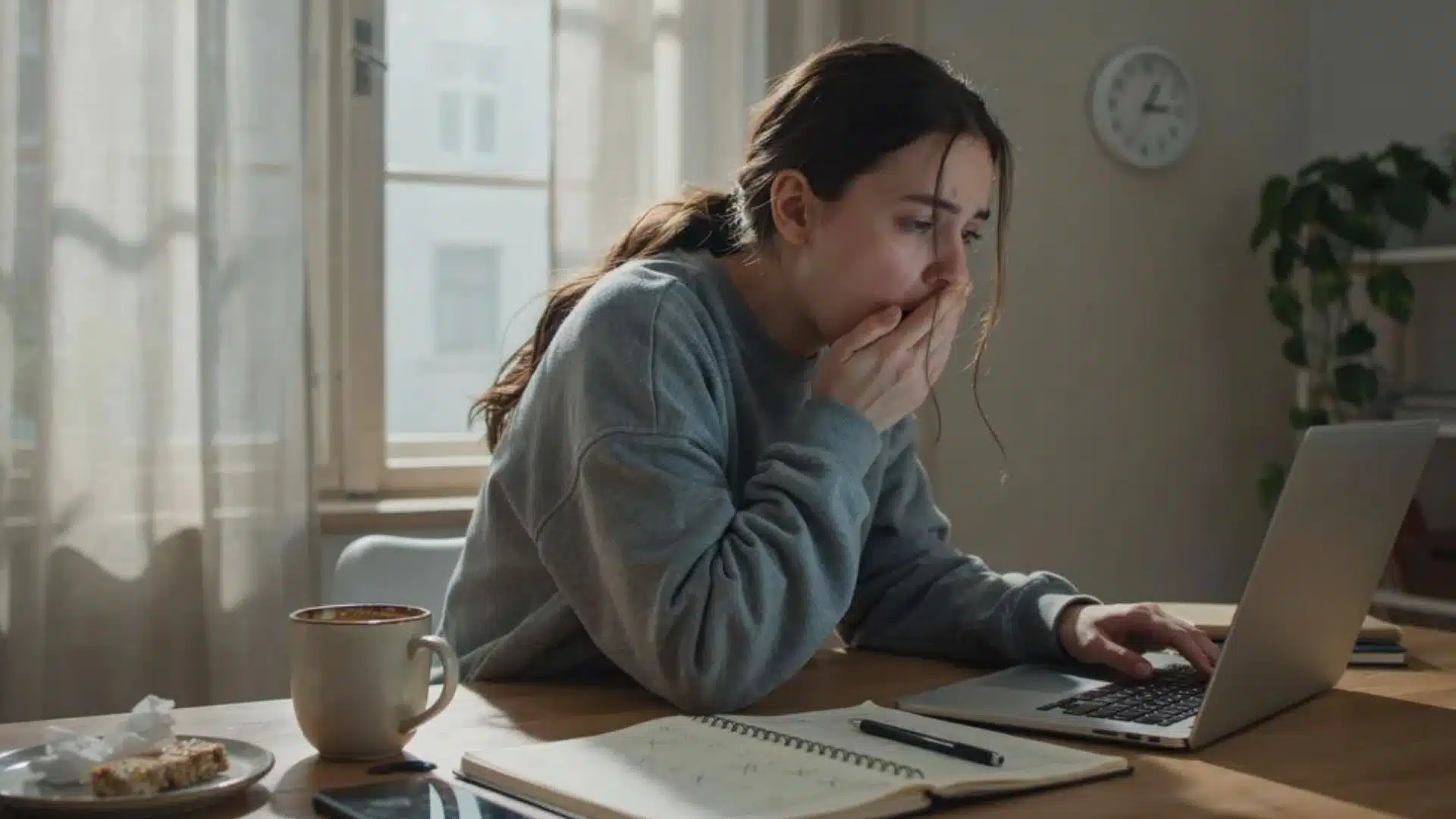 tired woman at desk in afternoon struggling with low energy and disrupted sleep cycle