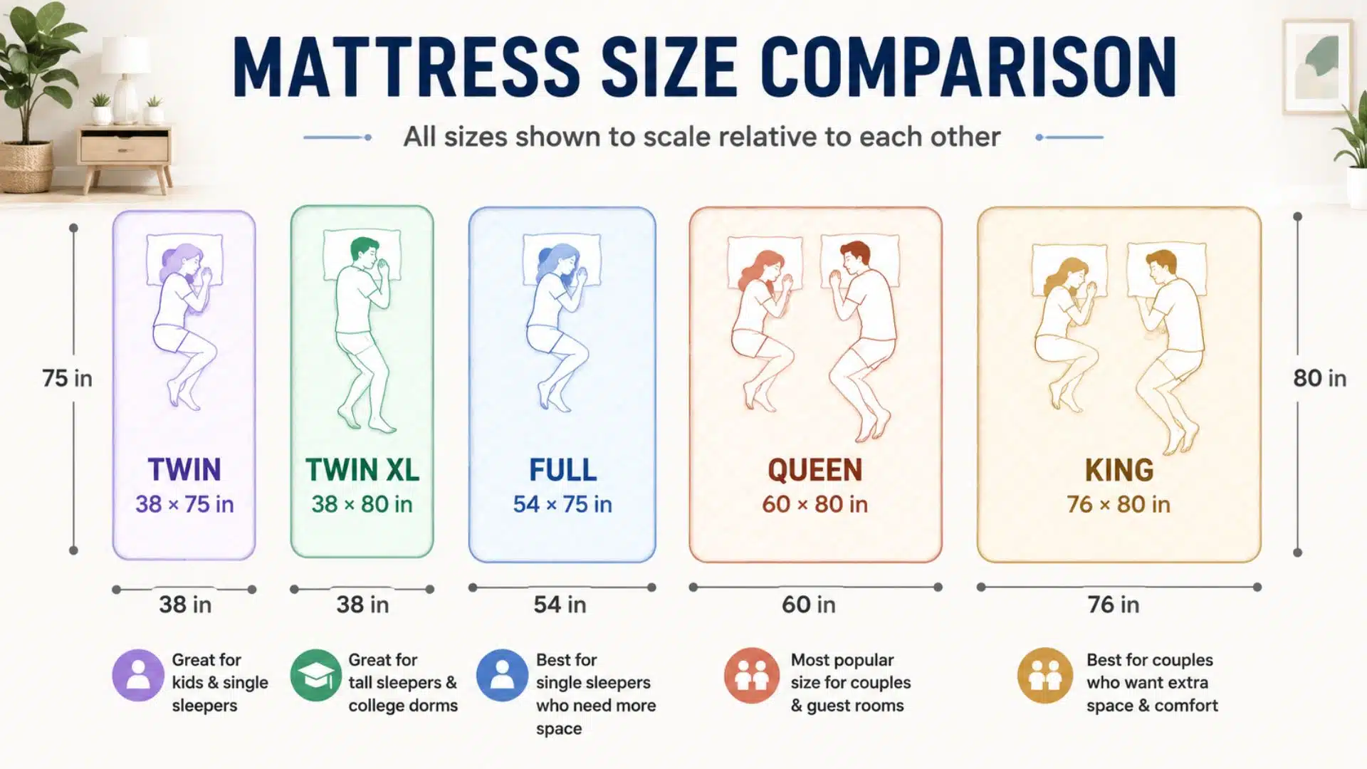 Colorful mattress size comparison chart showing Twin, Twin XL, Full, Queen, and King dimensions to scale.