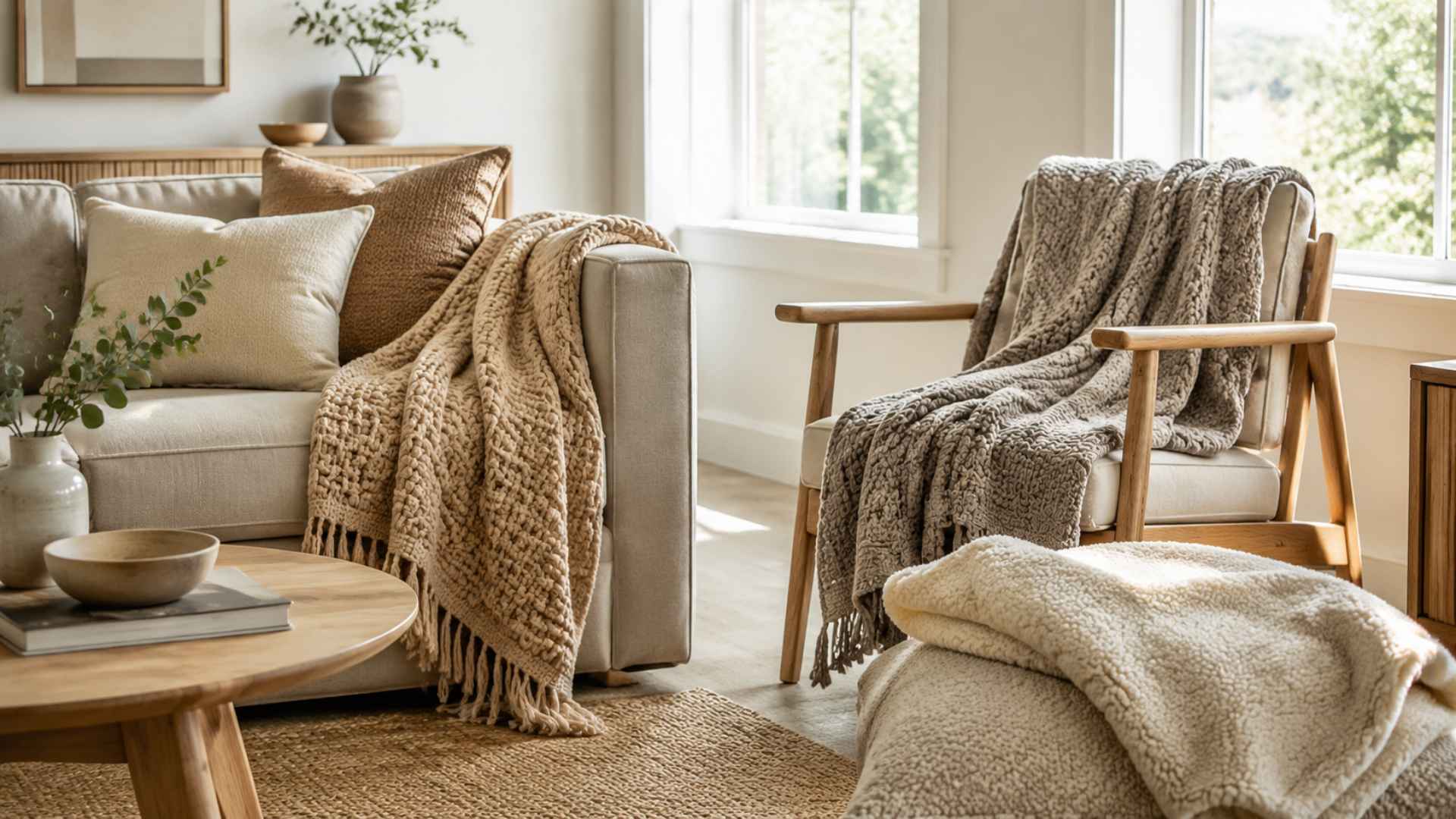Modern living room showing multiple styled throw blankets