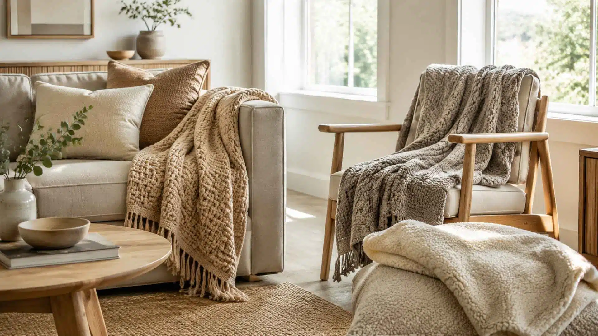 Modern living room showing multiple styled throw blankets