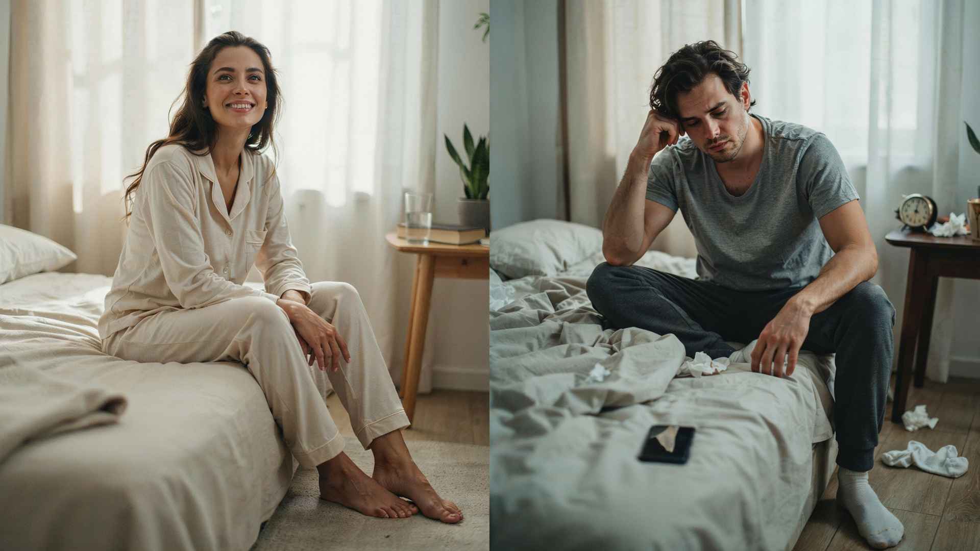 Split image contrasting a well-rested person feeling energized versus someone with narcolepsy still feeling exhausted
