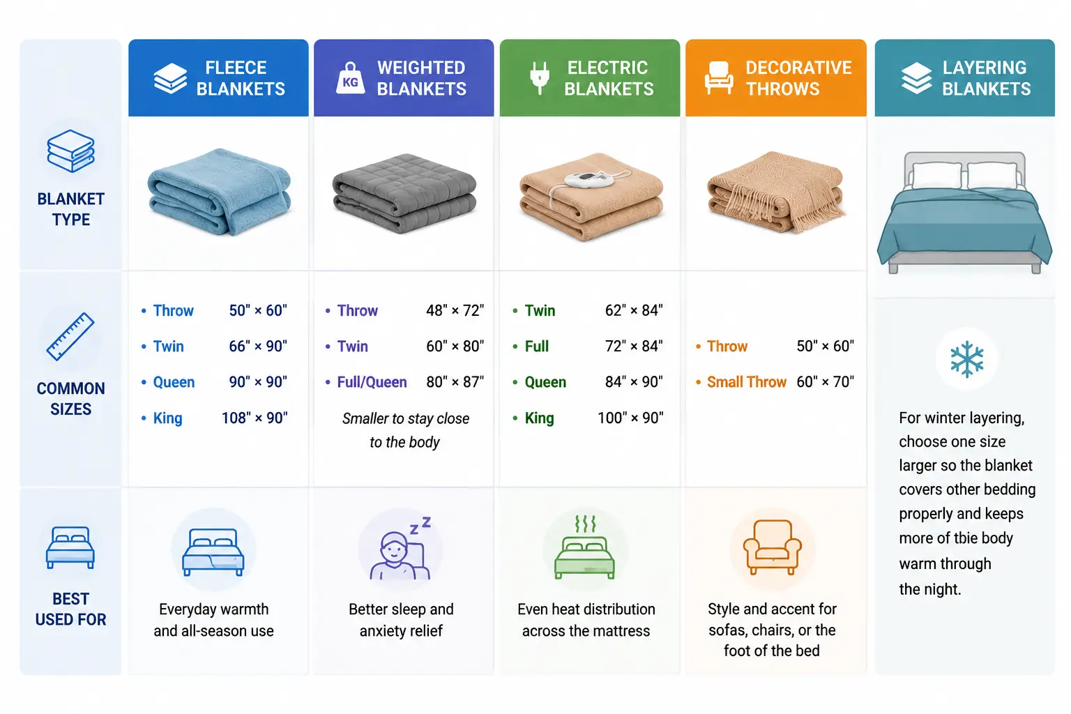 Comparison chart of fleece, weighted, electric, decorative, and layering blankets showing sizes and best uses for each type.